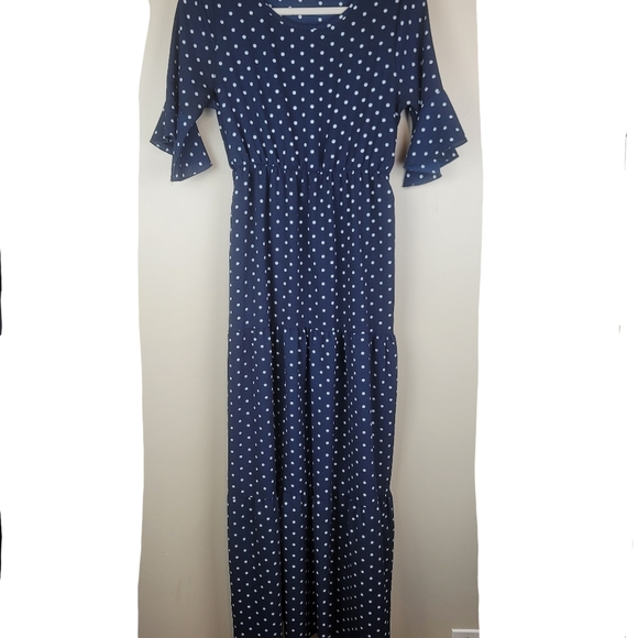 Orange Creek Blue with White Polka Dots Maternity Maxi Dress size M - Picture 2 of 7
